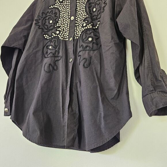 Vtg Embroidered Western Button Up Top Womens M Black Studded Embossed Cowgirl - Picture 4 of 13